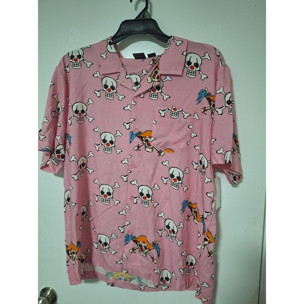 Netflix One Piece Button Up Shirt Men XL Pink Anime All Over Print Buggy Skull
